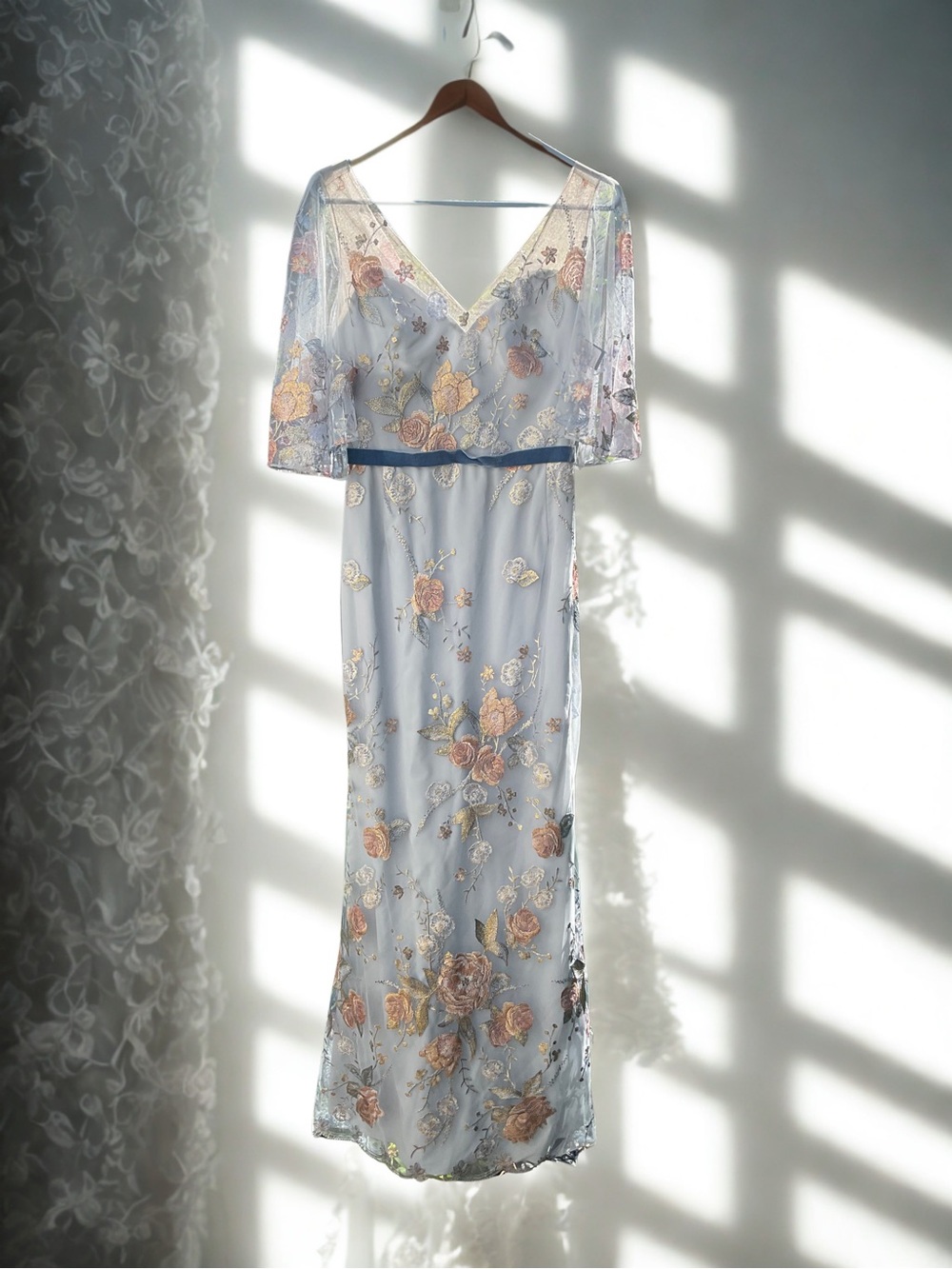 Marchesa Pale Blue Floral Embroidered V-Neck Gown